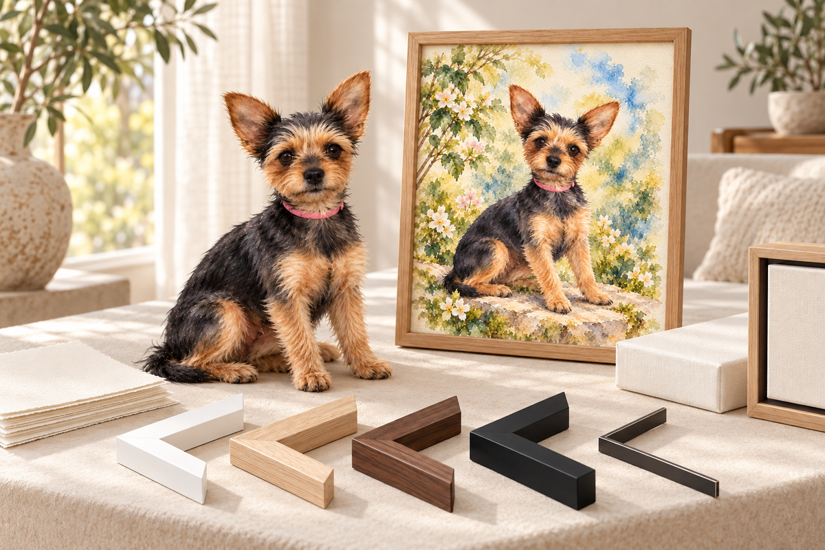 Yorkshire terrier beside its watercolour portrait, with wood and metal frame samples, fine-art paper, canvas and framed canvas.